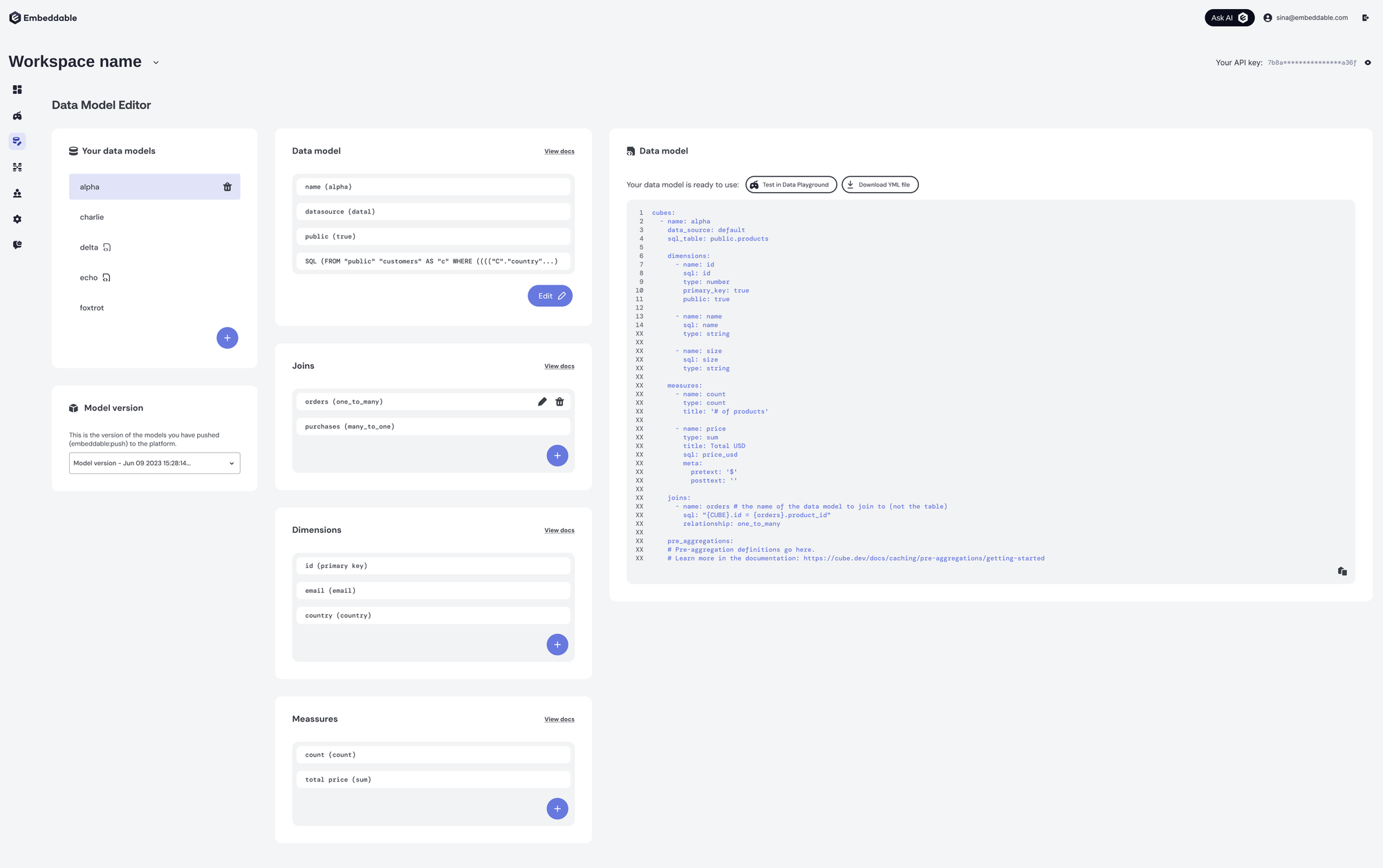 Embeddable’s data model editor showing a finished data model as condensed stacked cards.