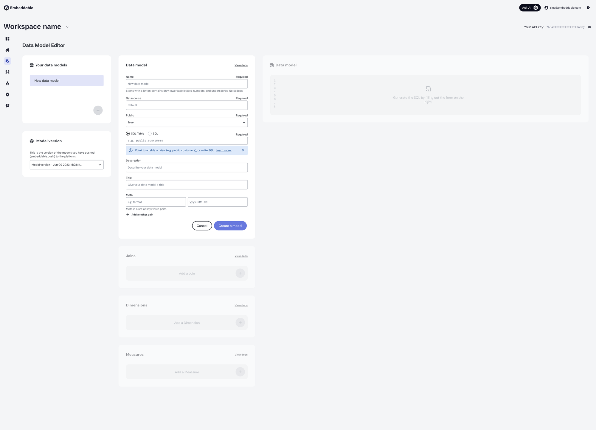 The new data model form, asking for a name, a datasource and a SQL table, with the Joins, Dimensions and Measures panels greyed out below it.