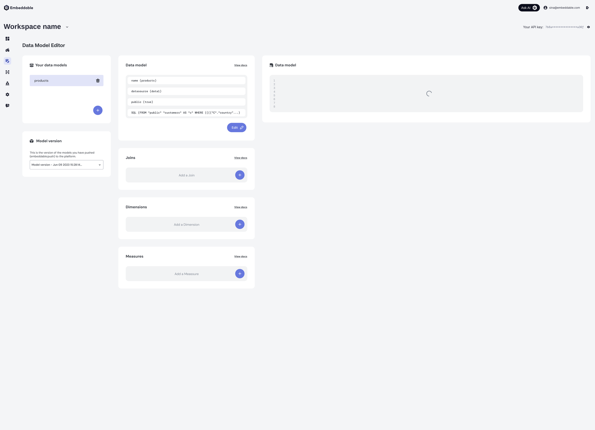 The saved model condensed to four read-only rows with an Edit button, and the Joins, Dimensions and Measures panels now active.