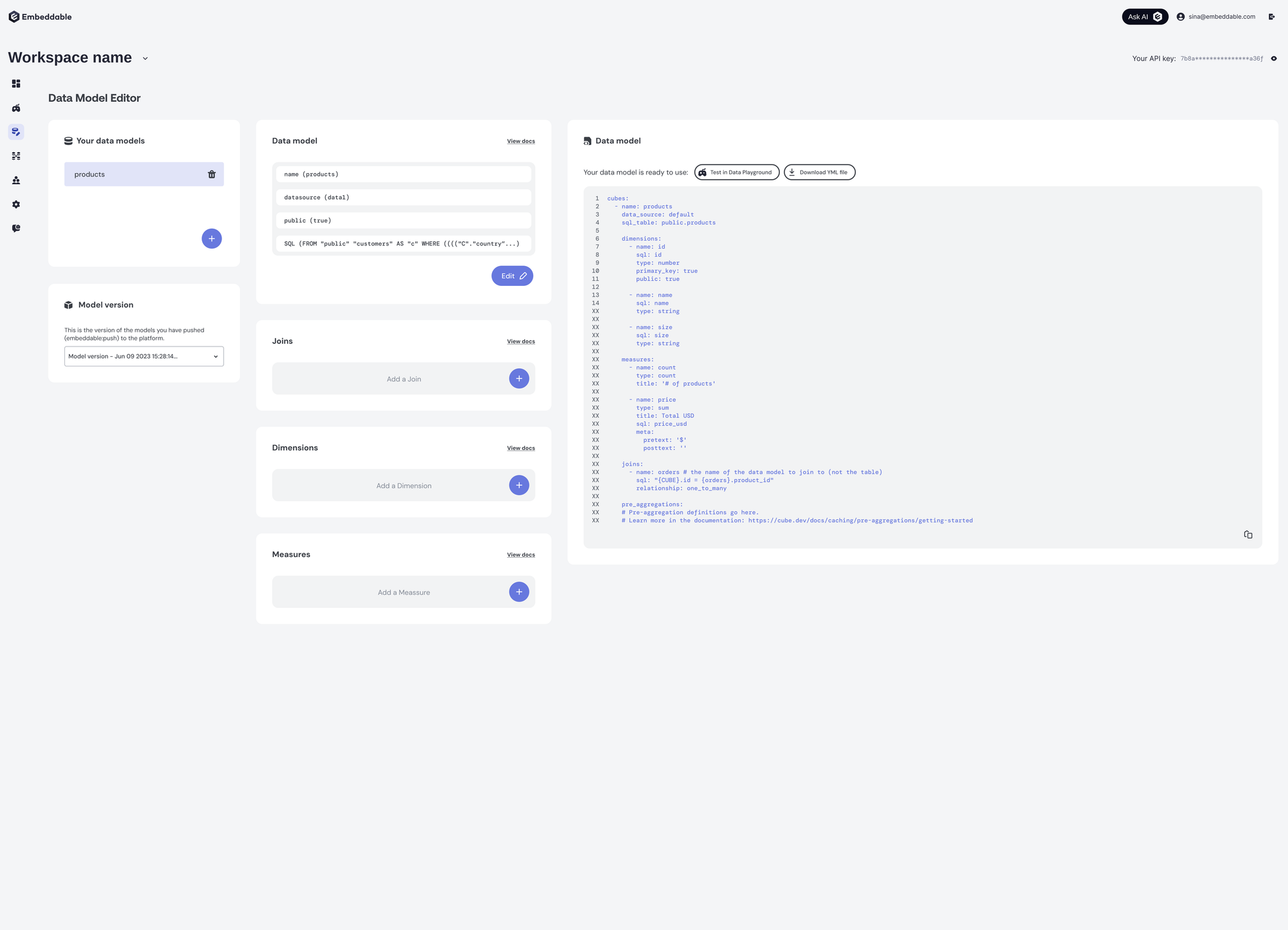 The generated .yml for the products model on the right, with buttons to test it in the data playground or download the file.