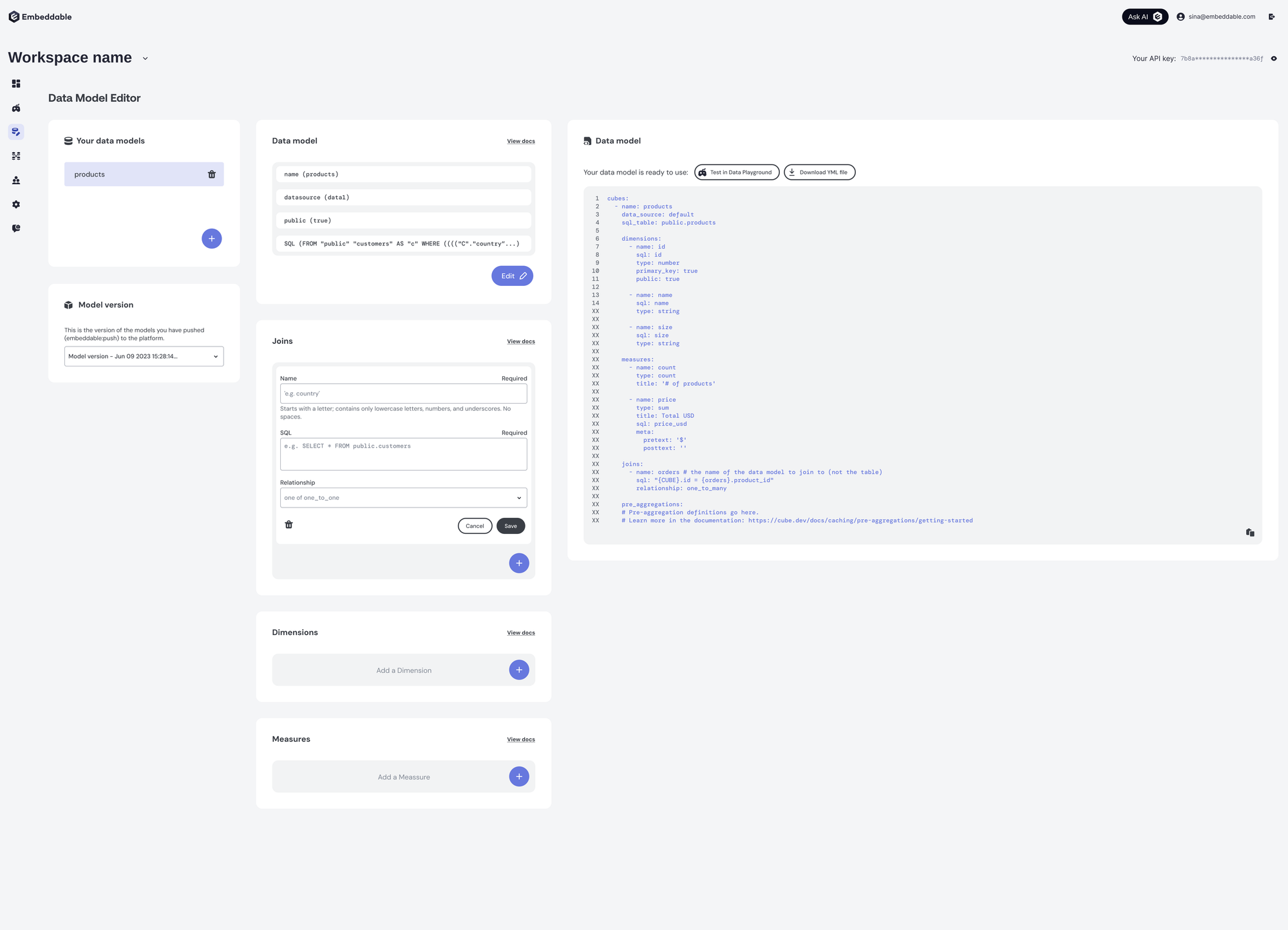 The join form open, with fields for a name, the SQL condition and the relationship type.