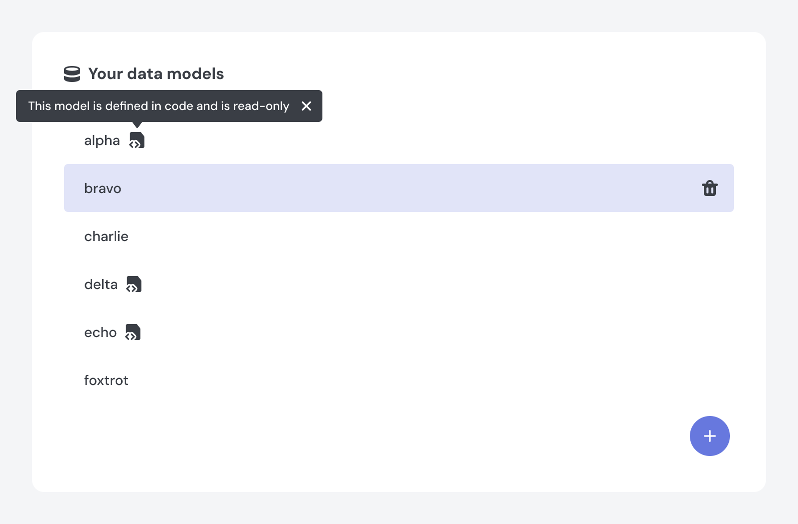 The model list showing code models and editor models with different icons.